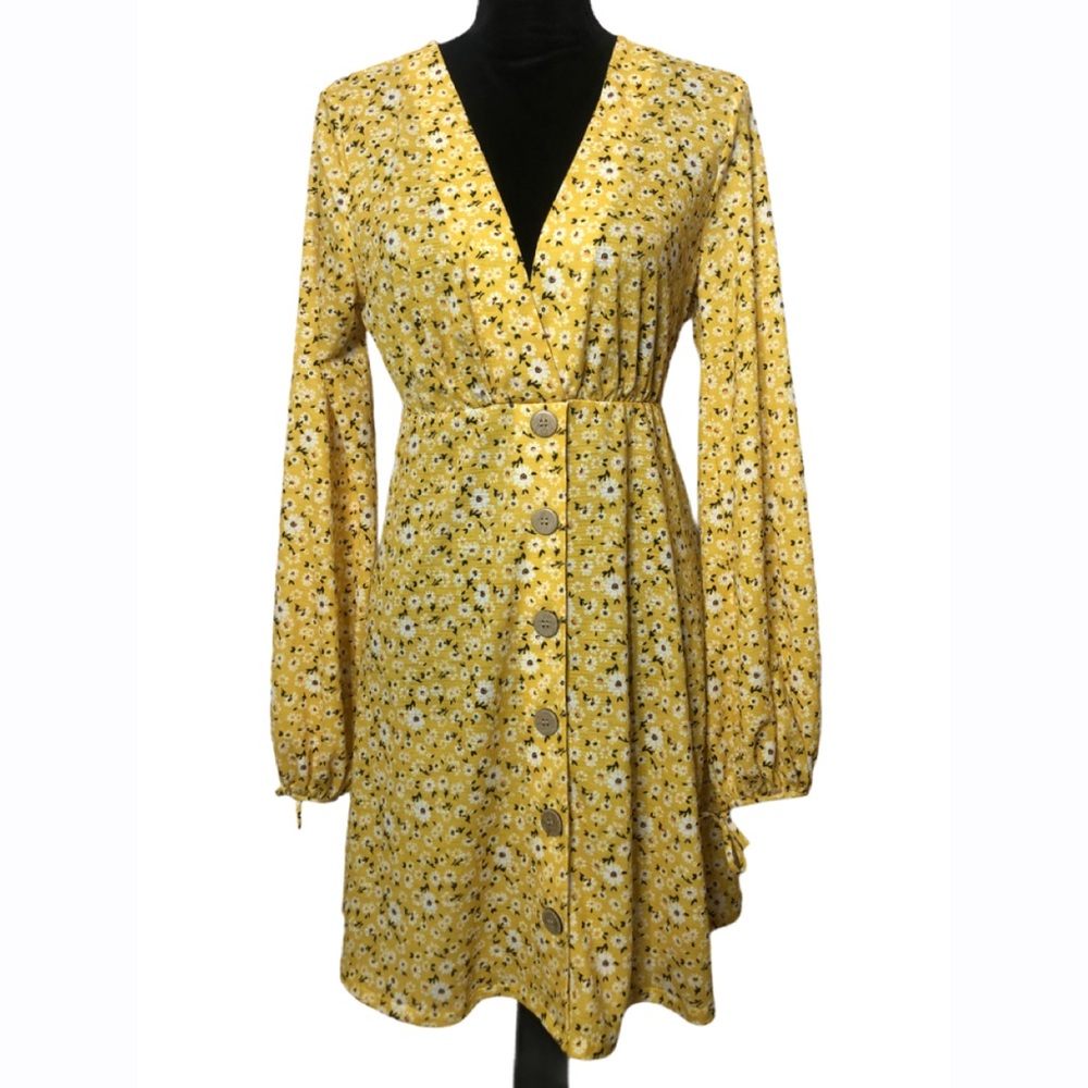 SOLD *** ASOS Yellow Floral Print Long Sleeve Midi Dress - Picture 1 of 6